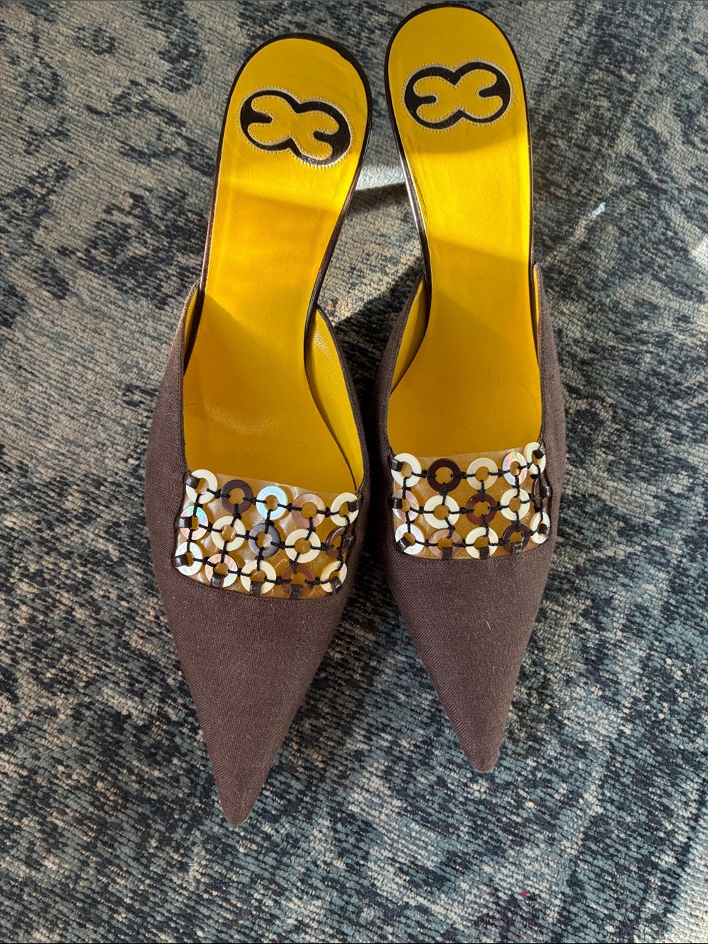 Escada Brown Pointed Toe Slip-On Mules with Yellow Insole